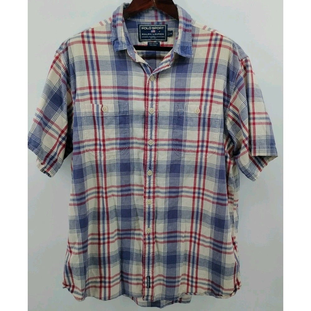 Polo Sport Ralph Lauren Button Up Shirt Cotton Linen Plaid Mens XL - Picture 3 of 7
